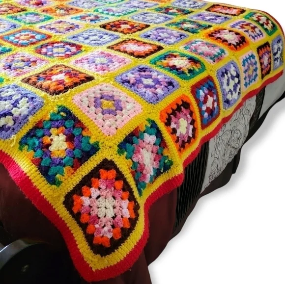 Vintage Granny Square Afghan Throw Blanket Rainbow Multi color Boho Handmade - Picture 14 of 14